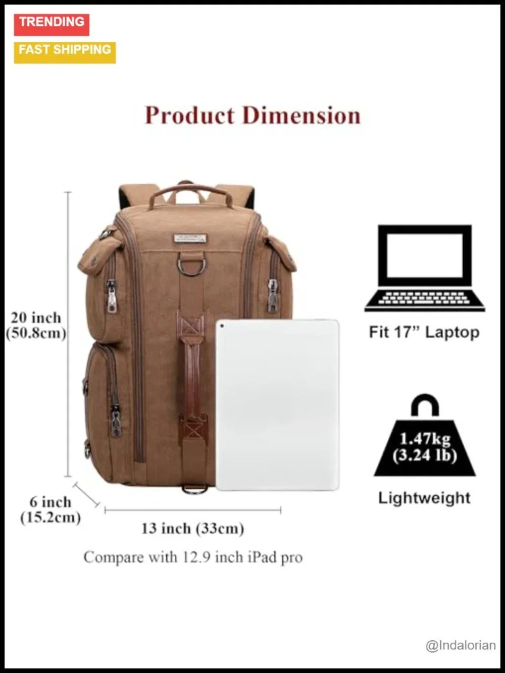 Canvas Convertible Travel Backpack Fits 17 Inch Laptop, Carry On, Large